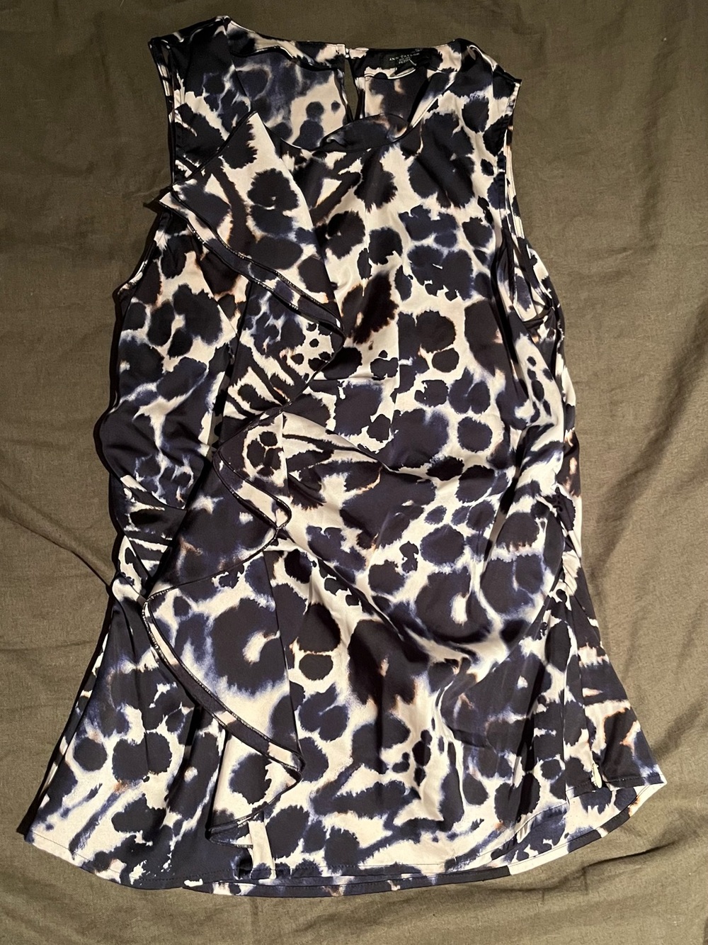 Ann Taylor Black and White Animal-Print Ruffle Shell